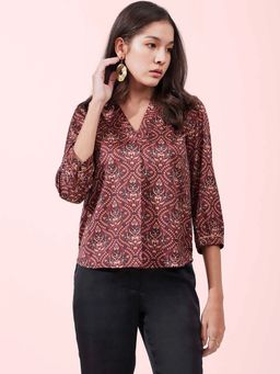 FableStreet - Maroon Satin Printed Top