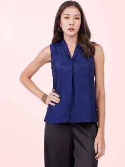 FableStreet - Navy Blue Silk V-Neck Top
