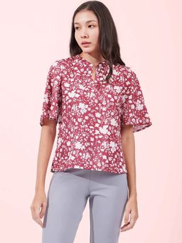 FableStreet - Red Floral Print Bell Sleeves Top