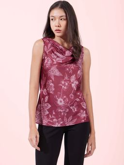 FableStreet - Red Printed Satin Cowl Neck Top
