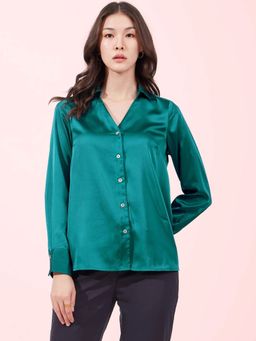 FableStreet - Teal Satin Collared Neck Shirt