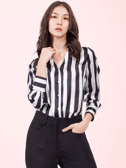 FableStreet - Black and Off White Satin Striped Shirt