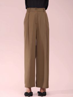 FableStreet - Single Pleat Wide Leg Trousers - Brown