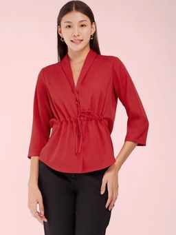 FableStreet - Shawl Collar Tie-Up Top - Red