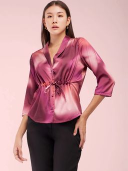 FABLE STREET - Satin Shawl Collar Ombre Top - Maroon