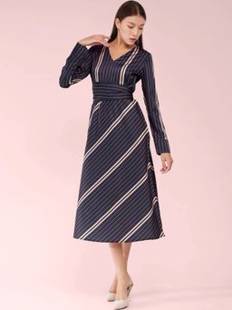 FableStreet - Satin Fit & Flare Midi Dress with Attached Belt - Navy Blue