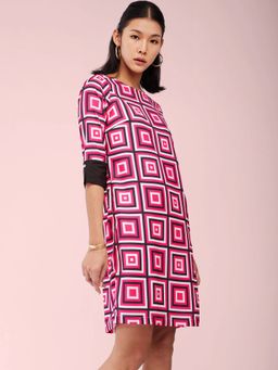 FableStreet - Round Neck Shift Mini Dress - Fuchsia Pink