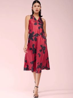 FableStreet - Satin Printed Midi Dress - Maroon