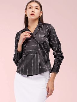 FABLE STREET - Satin Lapel Collar Shirt - Black