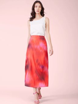 FableStreet - Red and Pink Stretch Satin Ombre Midi Skirt
