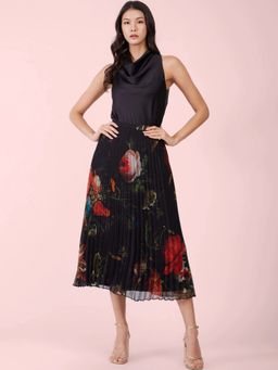 FableStreet - Black and Red Chiffon Pleated Floral Skirt