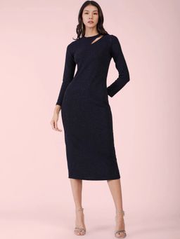 FableStreet - Navy Blue Metallic Lurex Bodycon Midi Dress