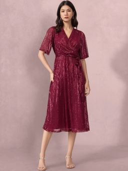 FableStreet - Maroon Sequin Wrap Midi Dress with Belt (Set of 2)