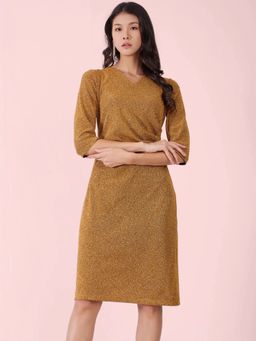 FableStreet - Gold Metallic Lurex Pleated Knee Length Dress