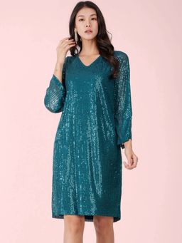 FableStreet - Teal Sequin Shift Knee Length Dress