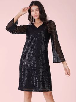 FableStreet - Black Sequin Shift Knee Length Dress