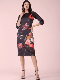 FableStreet - Red Stretch Satin Floral Knee Length Dress