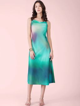 FableStreet - Blue Stretch Satin Ombre Midi Dress