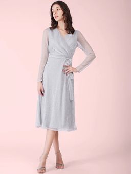FableStreet - Silver Metallic Lurex Wrap Midi Dress