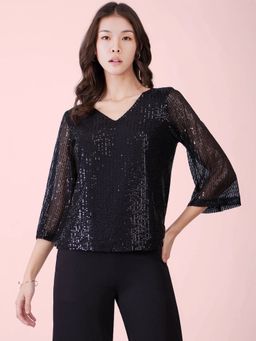 FABLE STREET - Black Sequin Bell Sleeves Top