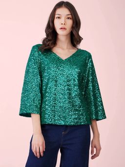 FableStreet - Green Sequin Bell Sleeves Top