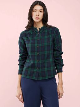 FableStreet - Green Cotton Checkered Gathered Yoke Shirt