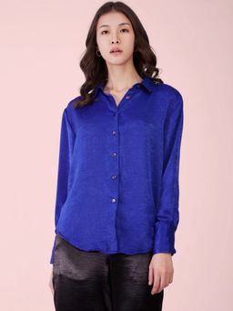 FableStreet - Blue Satin Collared Neck Shirt