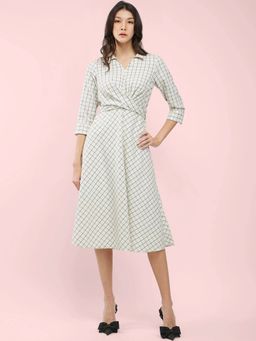 FableStreet - Off White Cotton Checkered Wrap Dress