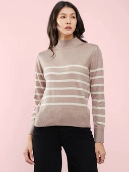 FableStreet - Beige Livsoft High Neck Striped Sweater