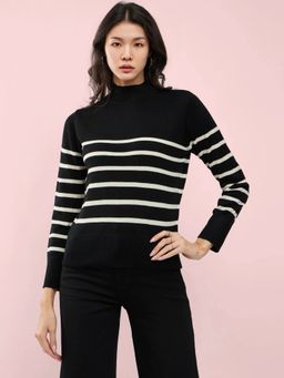FableStreet - Black Livsoft High Neck Striped Sweater