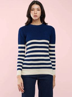 FableStreet - Navy Blue Livsoft Striped Round Neck Sweater