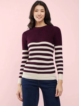 FABLE STREET - Wine Livsoft Round Neck Striped Sweater