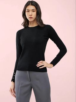 FableStreet - Black Livsoft Round Neck Buttoned Sleeve Sweater
