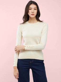 FableStreet - Off White Livsoft Round Neck Buttoned Sleeve Sweater