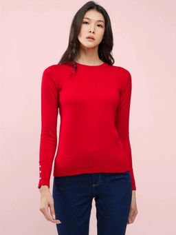 FableStreet - Red Livsoft Round Neck Buttoned Sleeve Sweater