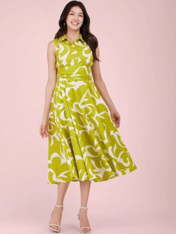 FableStreet - Green Cotton Poplin Fit and Flare Dress with Belt (Set of 2)