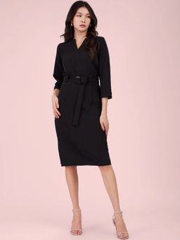 FableStreet - Black Panelled Sheath Dress with Belt (Set of 2)