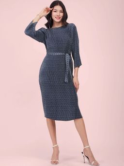 FableStreet - Blue Satin Pleated Dress with Belt (Set of 2)