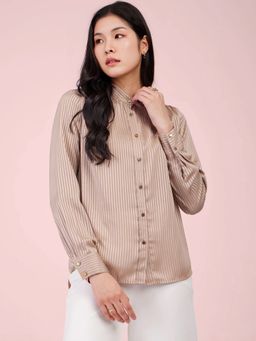 FableStreet - Satin Striped Shirt - Beige