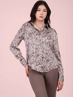 FableStreet - Satin Animal Print Shirt - White and Brown