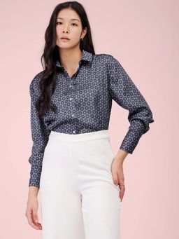 FableStreet - Satin Geometric Print Shirt - Blue