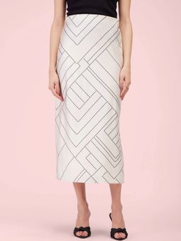 FableStreet - Stretch Satin A-Line Skirt - Off White and Black