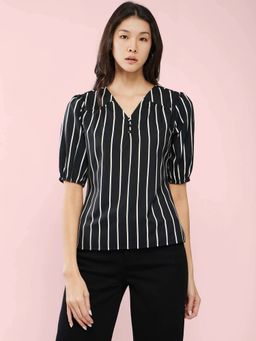 FableStreet - Puff Sleeves Striped Top - Black