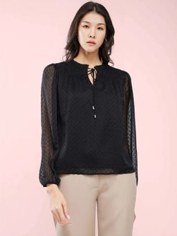 FableStreet - Chiffon Keyhole Neck Top - Black