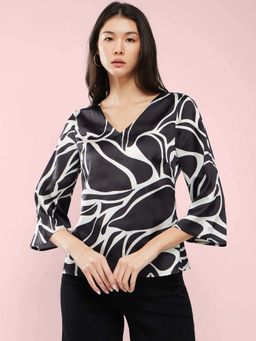 FableStreet - Satin Abstract Print Top - Black