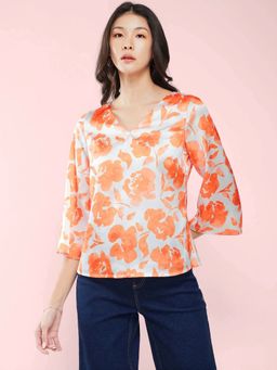 FableStreet - Satin Floral Print Top - Multi-Color