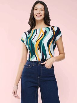 FableStreet - Boat Neck Abstract Print Top - Multi-Color