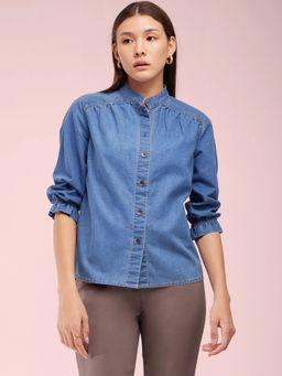 FABLE STREET - Mandarin Collar Denim Blue Shirt