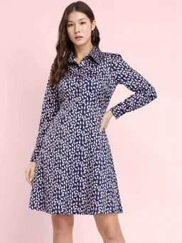 FableStreet - Navy Blue Stretchable Satin Shirt Dress