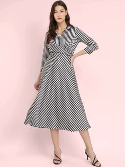 FableStreet - White Stretchable Satin Striped Dress